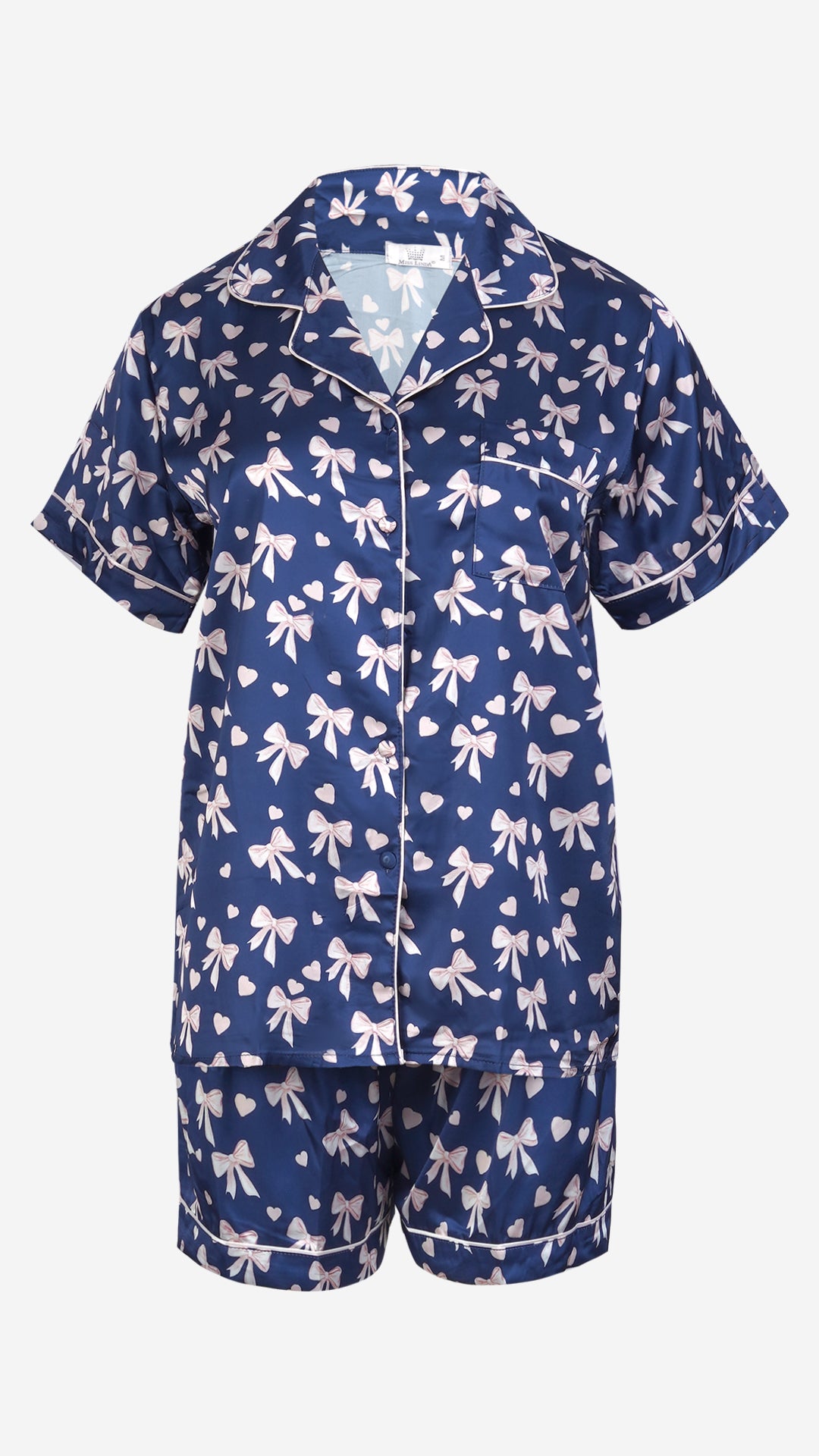 Navy Bow Print Satin 3pc Set – Shirt, Shorts & Pant