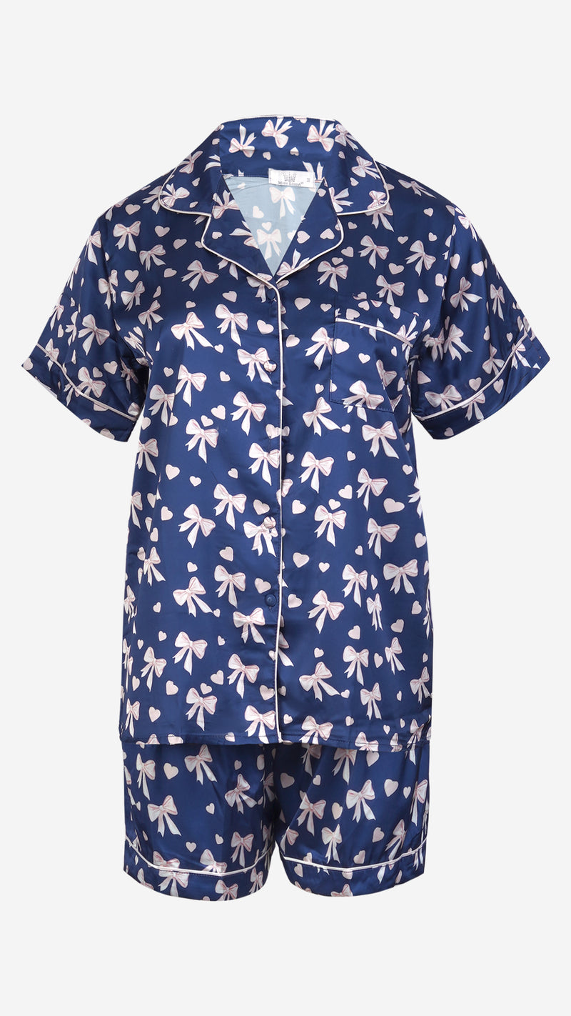 Navy Bow Print Satin 3pc Set – Shirt, Shorts & Pant