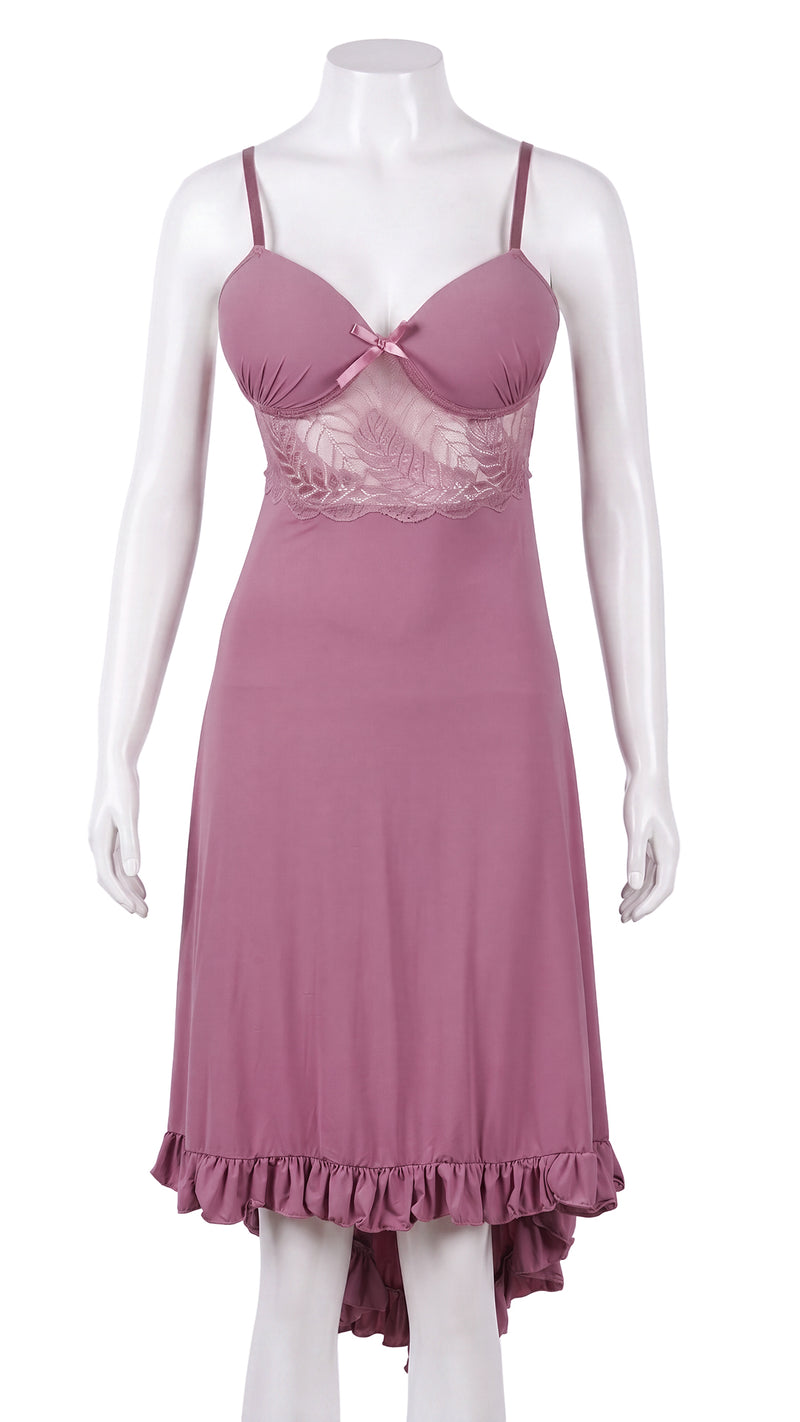 Mauve ruffled-hem nightdress with lace bodice on mannequin, front view