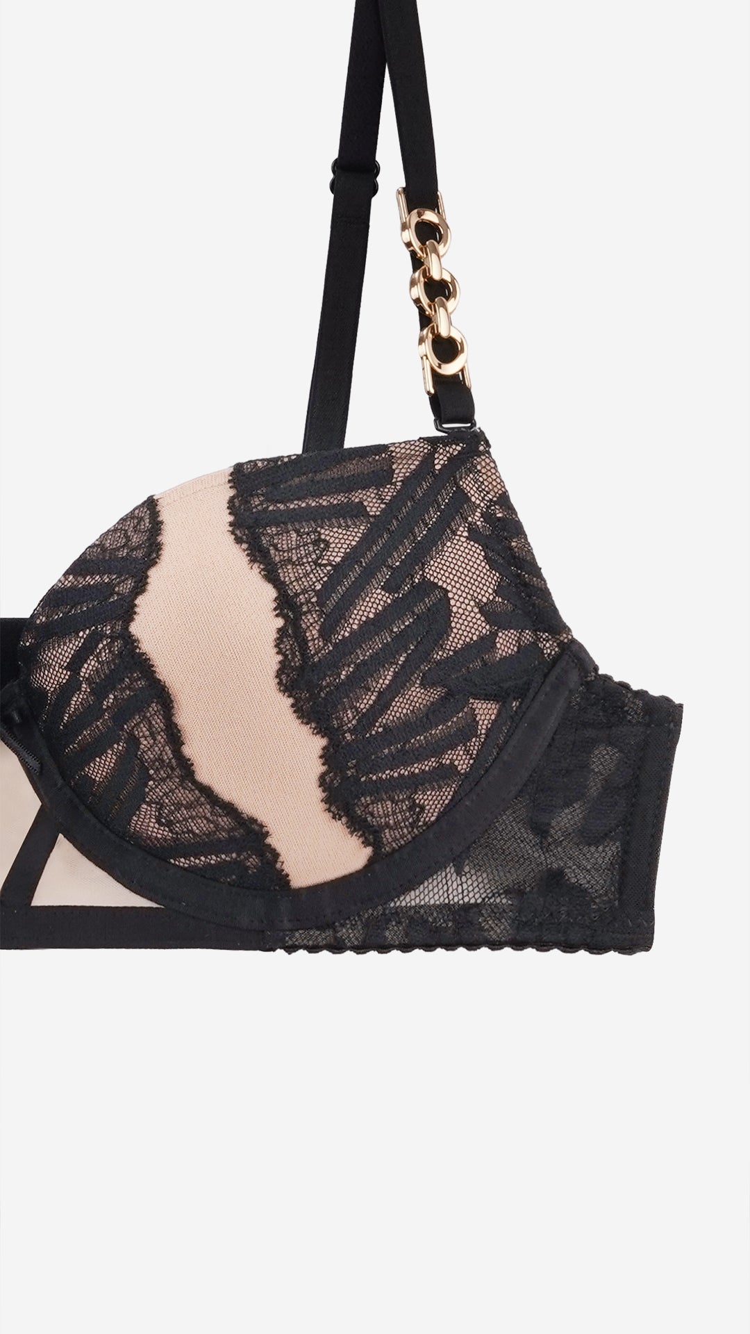 Black Lace Push-Up Bra with Gold Chain Straps