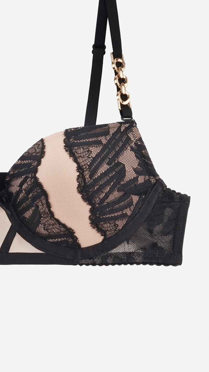 Black Lace Push-Up Bra with Gold Chain Straps