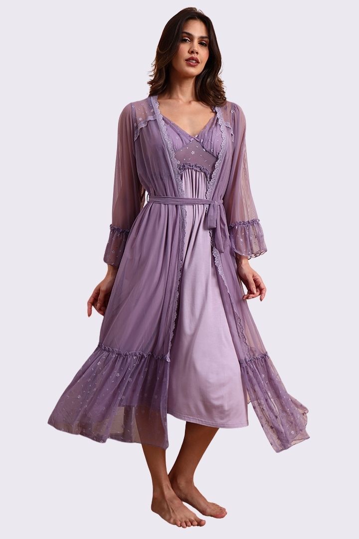 AXTZH Luxurious Women’s Nightwear Ensemble Featuring Long Robe and Inner Slip X0310-MAUVE-F22MO