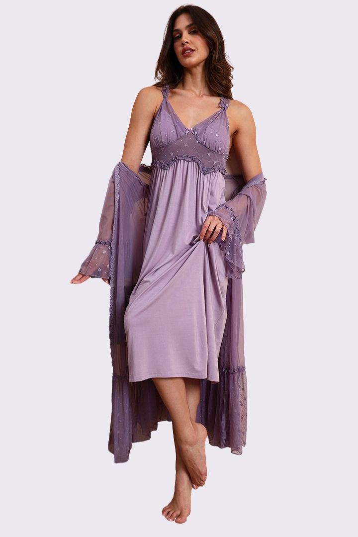 AXTZH Luxurious Women’s Nightwear Ensemble Featuring Long Robe and Inner Slip X0310-MAUVE-F22MO