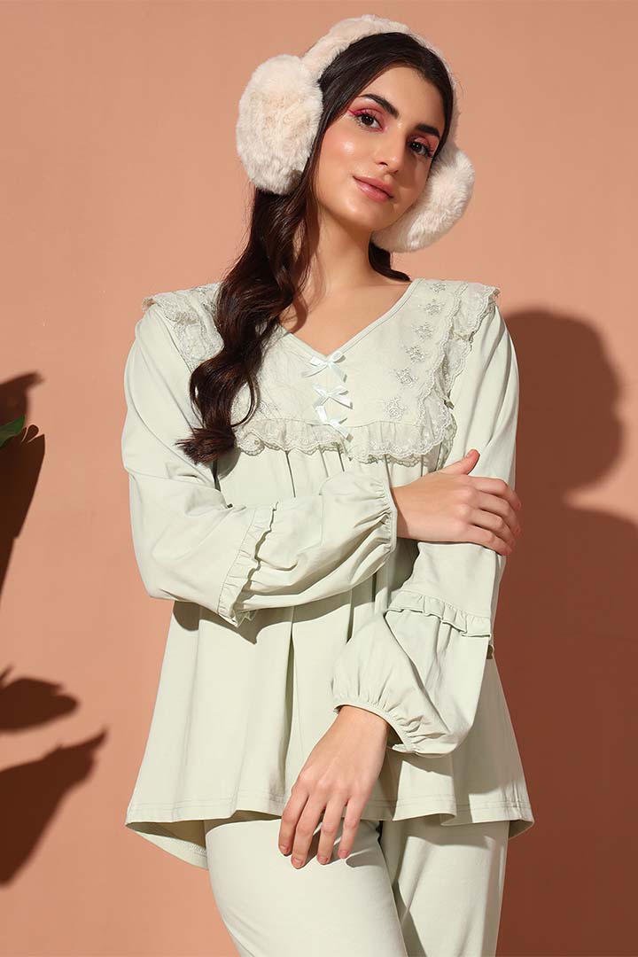 NIGHTWEAR-XWC9MO3407 Romantic Cotton Night Suit Set with Lace details