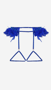 Feather Trim Chain Detail Lace Bra, Panty & Garter Set