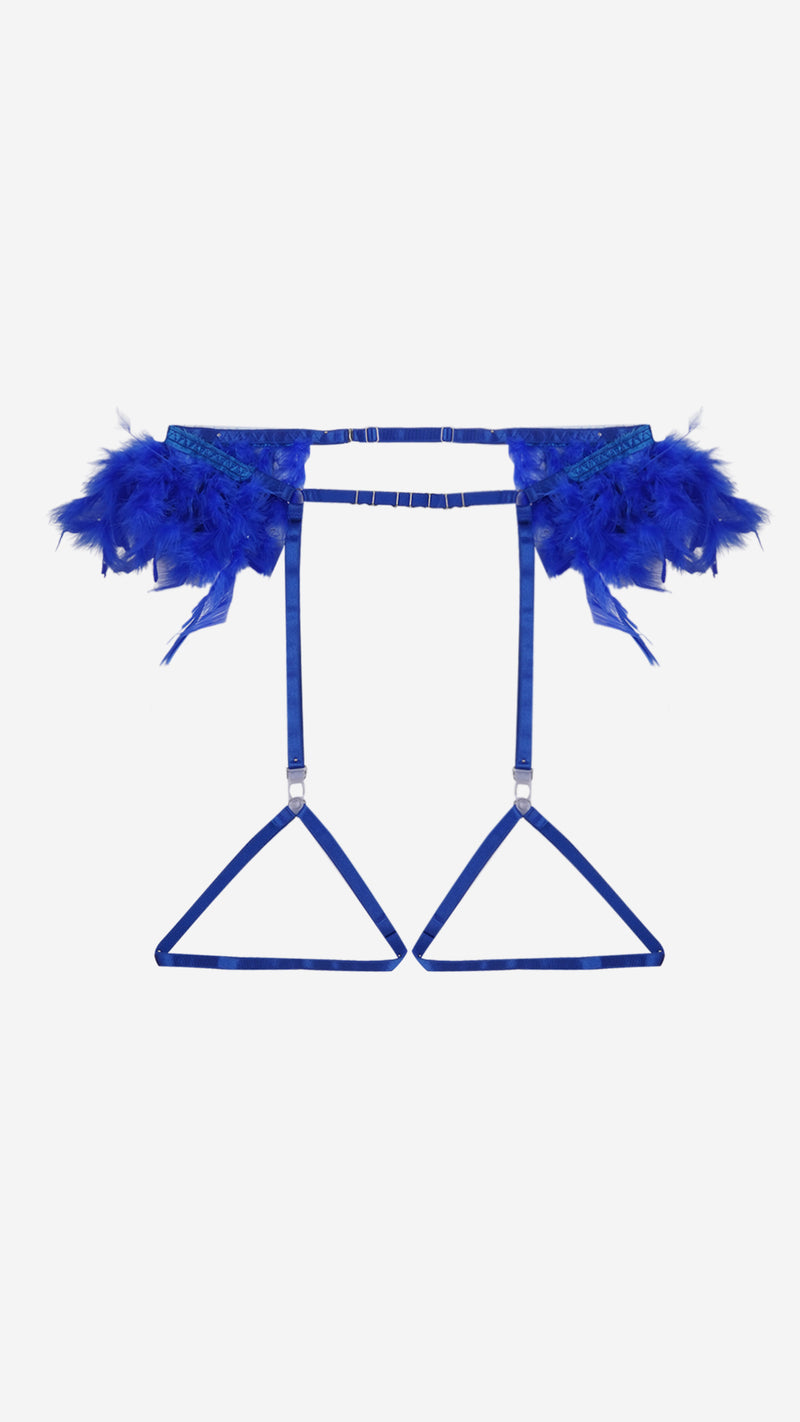 Feather Trim Chain Detail Lace Bra, Panty & Garter Set