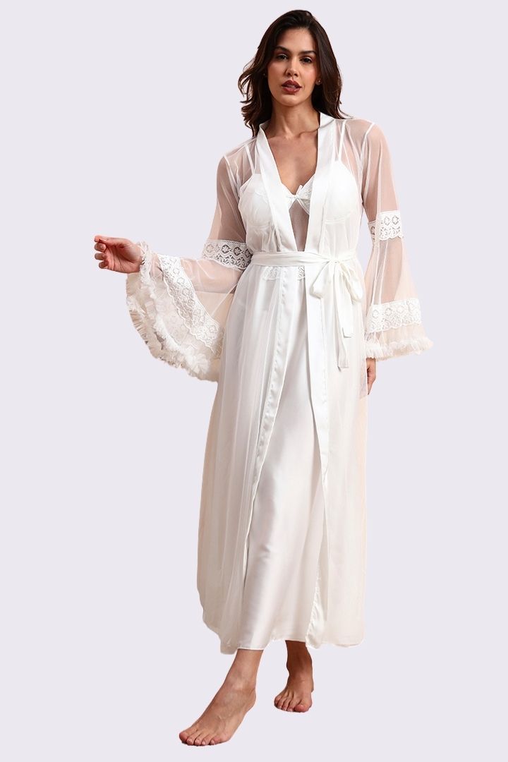 AXTZH Sophisticated and Alluring Nightwear Ensemble Featuring a Full-Length Gown with Sheer Accents X5101-WHITE-F22S