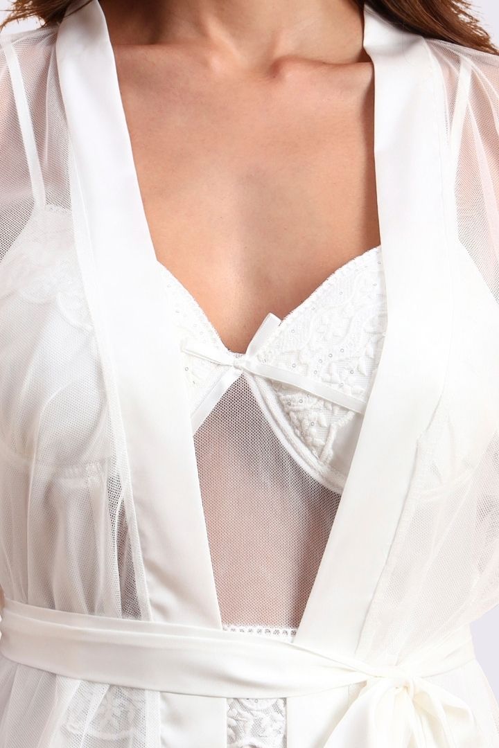 AXTZH Sophisticated and Alluring Nightwear Ensemble Featuring a Full-Length Gown with Sheer Accents X5101-WHITE-F22S