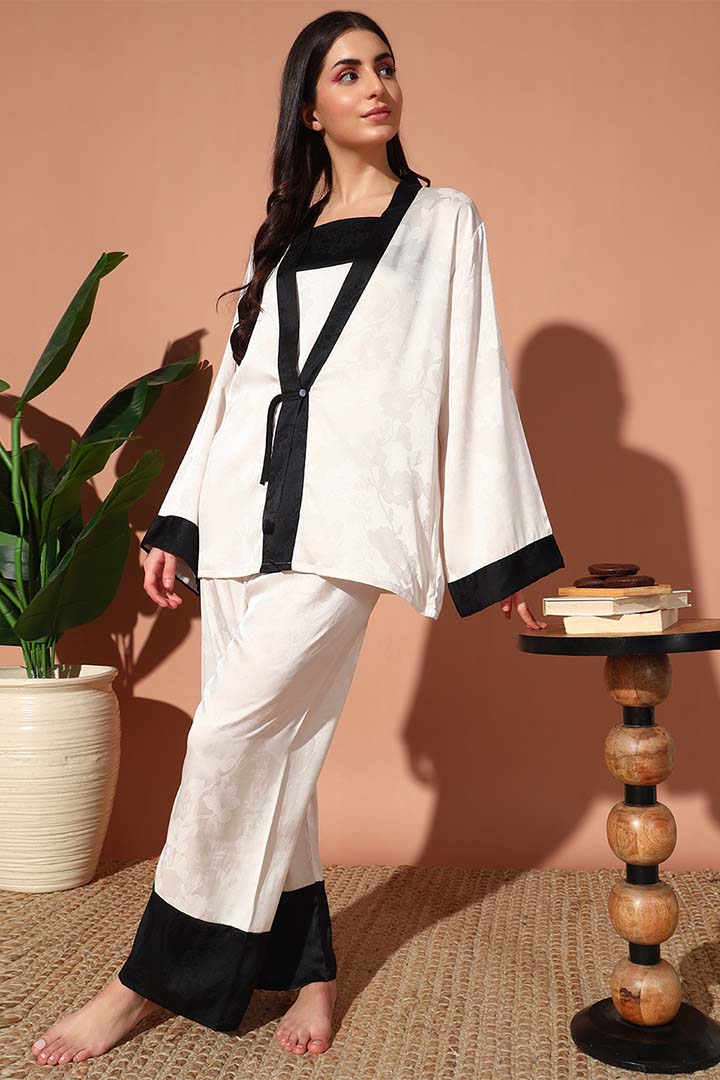 NIGHTWEAR-XNSL3PSA1230 Floral Satin Night Suit Set with Elegant Robe