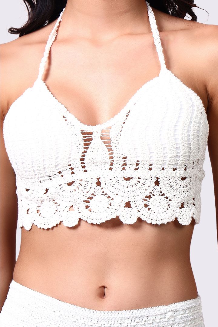 AXTZH Crochet Halter Beachwear Bra Top with Handcrafted Detailing and Playful Design-X0169-WHITE10-BW1PBL