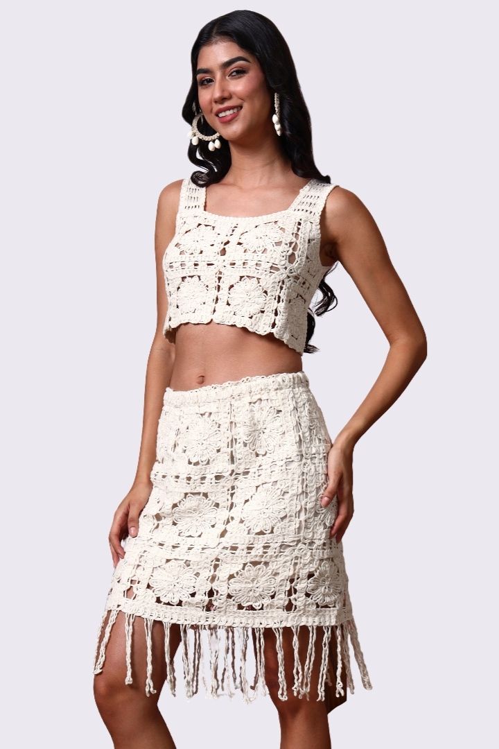 AXTZH Lightweight Beachwear Top for Women Featuring Boho Crochet Detailing-X2526-BEIGE-BW1PBL