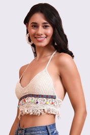 AXTZH Crochet Halter Beachwear Bra Top with Handcrafted Detailing and Playfu-X0169-BEIGE11-BW1PBL