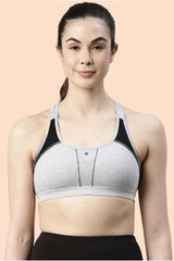 Enamor-SB08 Grey Melange Medium Impact Sports Bra Racer Back, Removable Pads & Wirefree