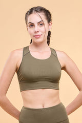 ENAMOR BRA-A202 Olive Night Basic Workout Sports Bra Medium Impact Dry Fit Longline Basic