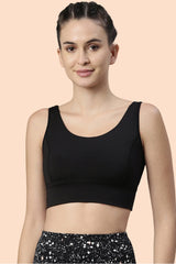 Enamor-E117 Jet Black Longline Sports Bra – Solid | Scoop Neck Line High Impact Dry Fit Sports Bra
