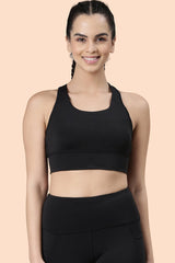 ENAMOR BRA-A202 Jet Black Basic Workout Sports Bra Medium Impact Dry Fit Longline Basic
