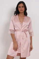 AXTZH Lace Trim Satin Nightwear Set with Robe & Thong NW X7554-BLUSH-F11S