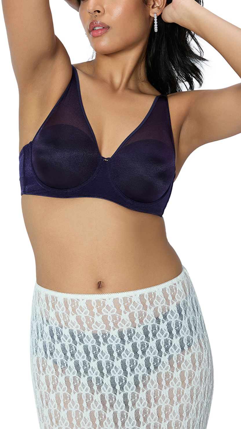Triumph Navy Blue Sheen Mesh Wired Padded Plunge Bra