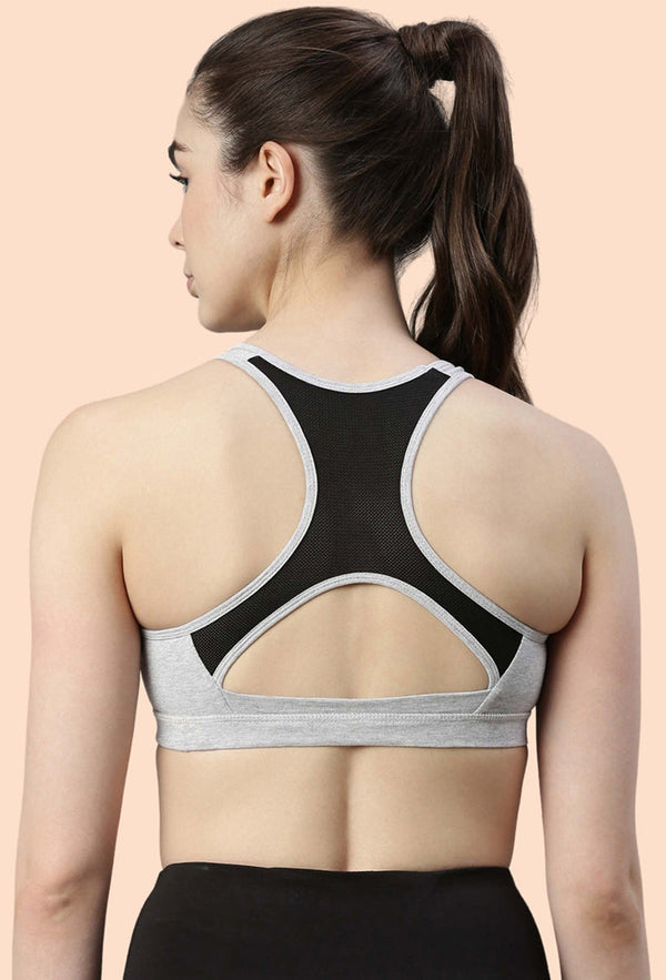 Enamor-SB08 Grey Melange Medium Impact Sports Bra Racer Back, Removable Pads & Wirefree