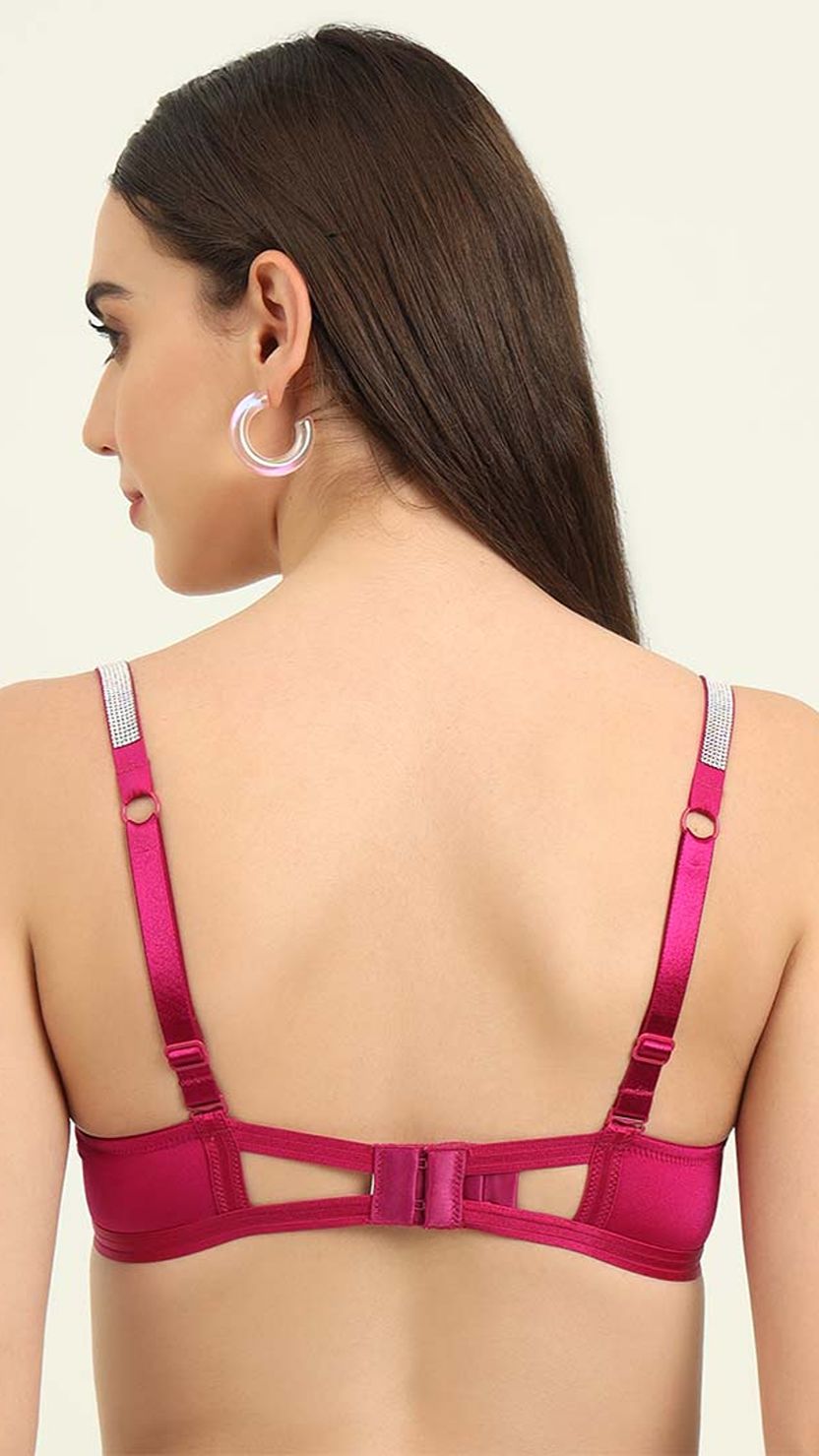 Hot Pink Padded Wired Bra With Shimmer Straps