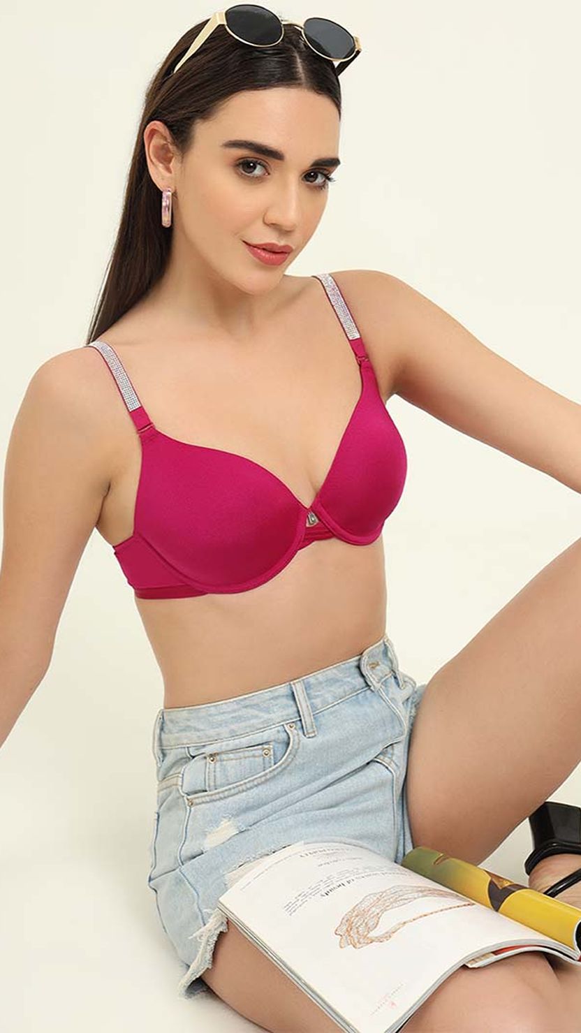 Hot Pink Padded Wired Bra With Shimmer Straps