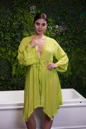 AXTZH Flowing Sarong-Inspired Beachwear Dress with Bell Sleeves and Tie-Up Waist X0629-MEADOW-SNGA2