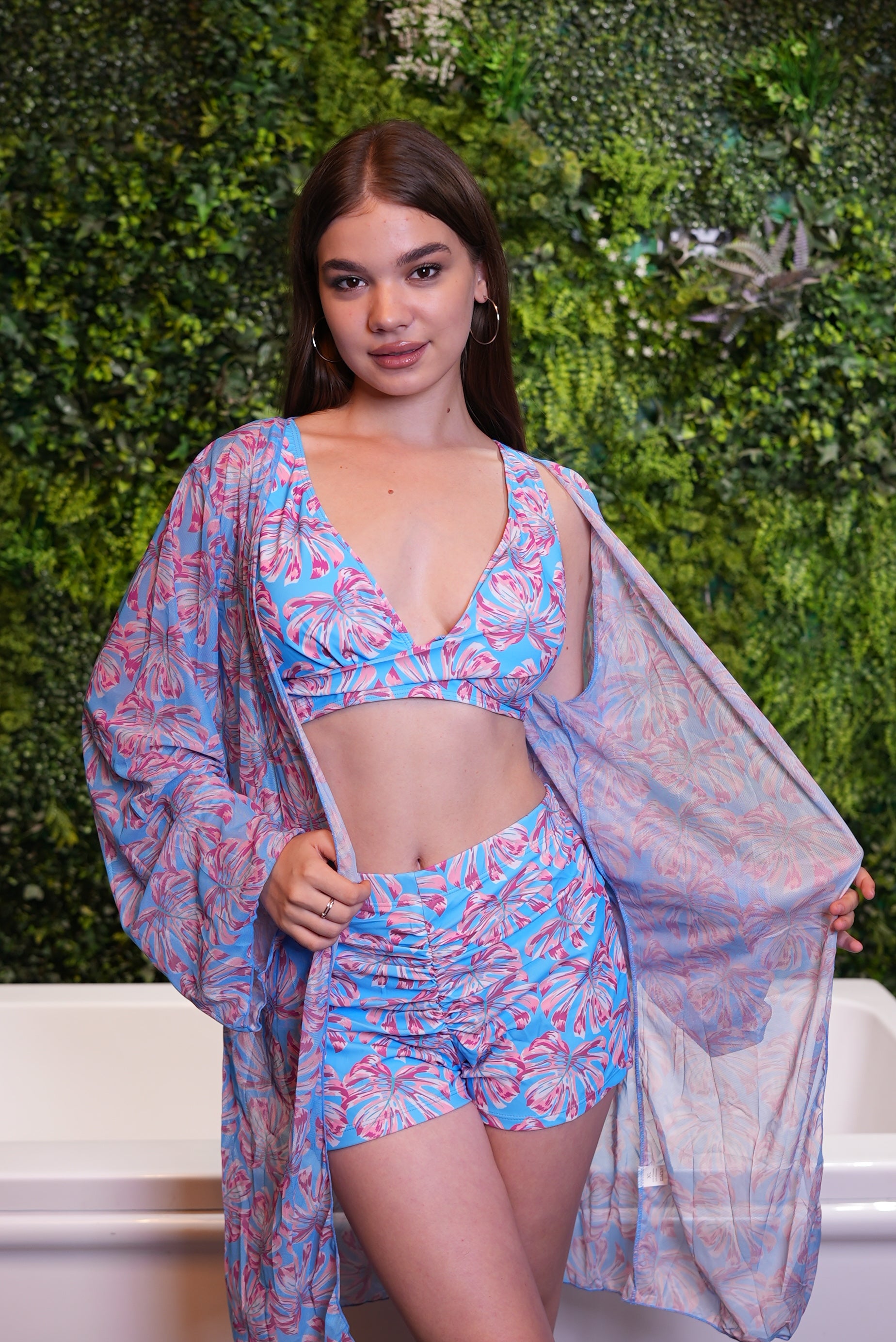 AXTZH Stylish 3-Piece Swimwear Set for Women with Coordinating Top, Shorts, and Breezy Cover-Up X0098-BLUPR-3PS