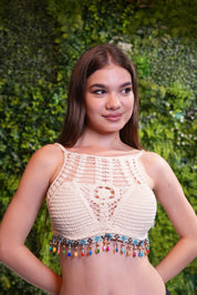 AXTZH Women’s Stylish Crochet Beachwear Crop Top with High Neck and Beaded Tassel Trim X0169-BEIGE6-BW1PBL