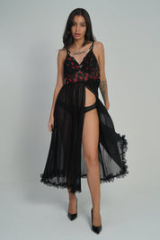 AXTZH Sheer Rose Embroidered 2-Piece Nightwear Set NW X0292-BLACK-F2N