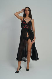 AXTZH Sheer Rose Embroidered 2-Piece Nightwear Set NW X0292-BLACK-F2N