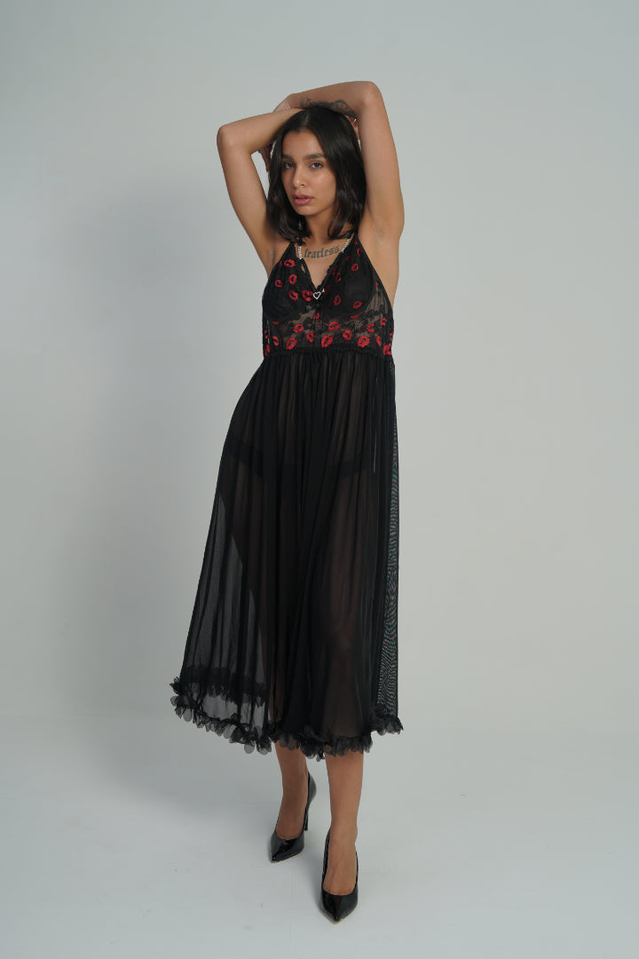 AXTZH Sheer Rose Embroidered 2-Piece Nightwear Set NW X0292-BLACK-F2N