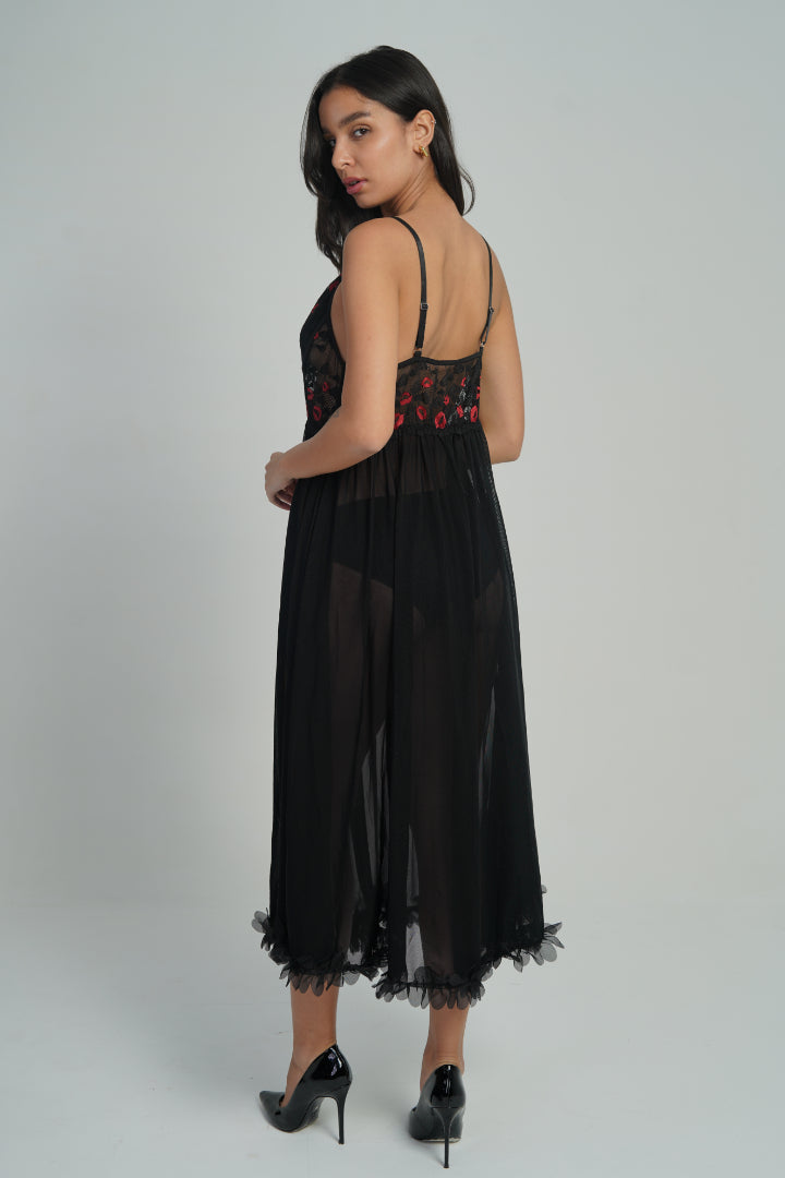 AXTZH Sheer Rose Embroidered 2-Piece Nightwear Set NW X0292-BLACK-F2N