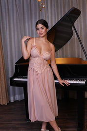 AXTZH Romantic Nightwear Set for Women with High Slit Sheer Design and Lace Accents X9095-APRICOT-F2N