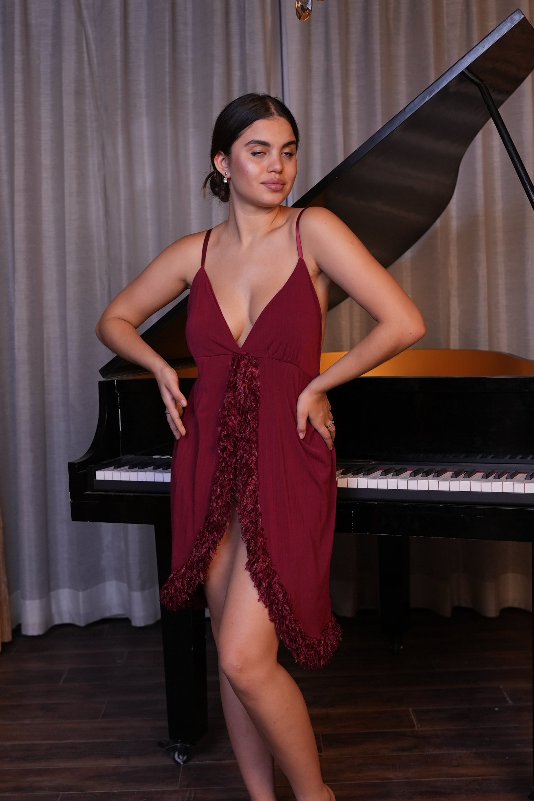 AXTZH Luxury Nightwear for Women with Sensual Fit and Intricate Edge Finishes X2424-MERLOT-F1L