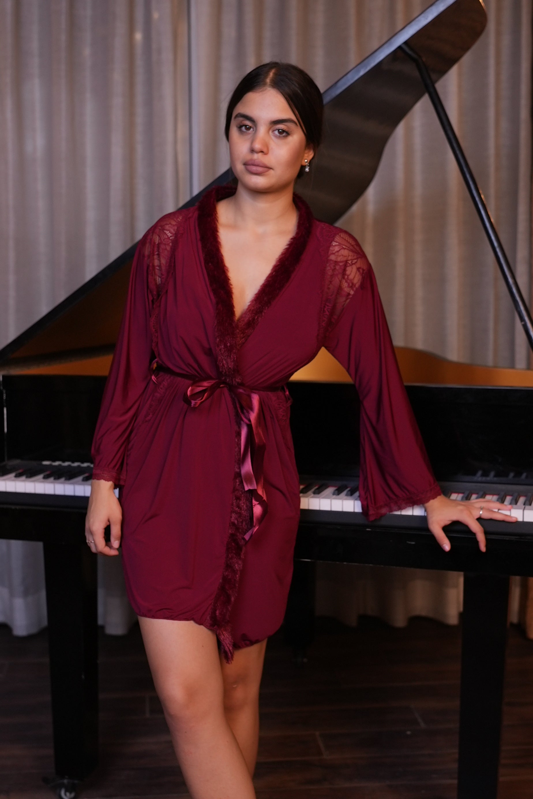 AXTZH Romantic Nightwear Set for Women with Satin Robe, Matching Slip and Innerwear X8027-MERLOT-NSS3PM