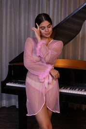 AXTZH Elegant One-Piece Nightwear for Women with Sheer Detailing and Satin Tie Belt X3348-NPINK-H1N