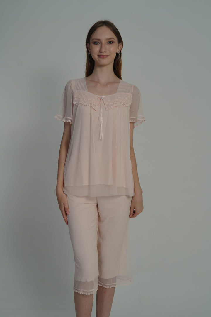 AXTZH Soft Lace Trim 2-Piece Nightwear Set NW X0281-PEACH-C9N