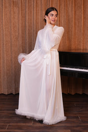 AXTZH Elegant Three-Piece Nightwear Set with Flowing Sheer Robe, Matching Belt, and Intimate Inner Layer X0330-WHITE-BIK3PN