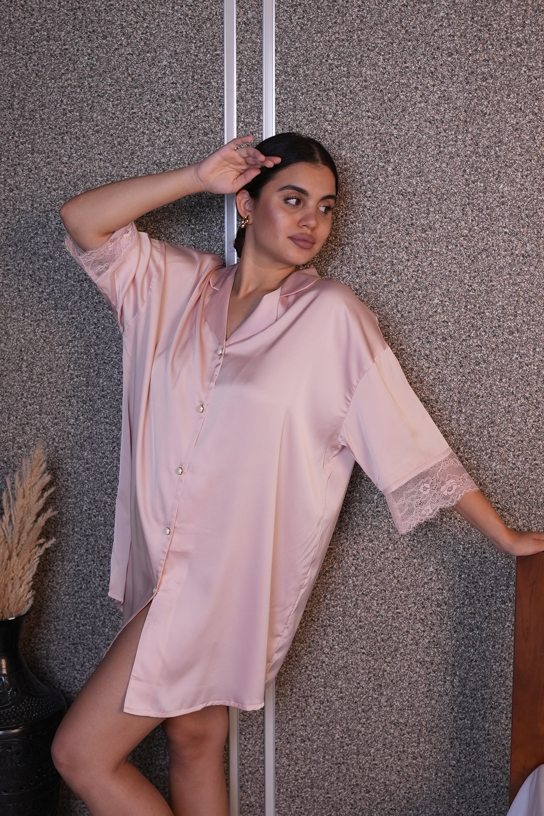 AXTZH Relaxed Fit Nightwear for Women with Shirt Collar and Soft Satin Finish X2654-BLUSH-G1S