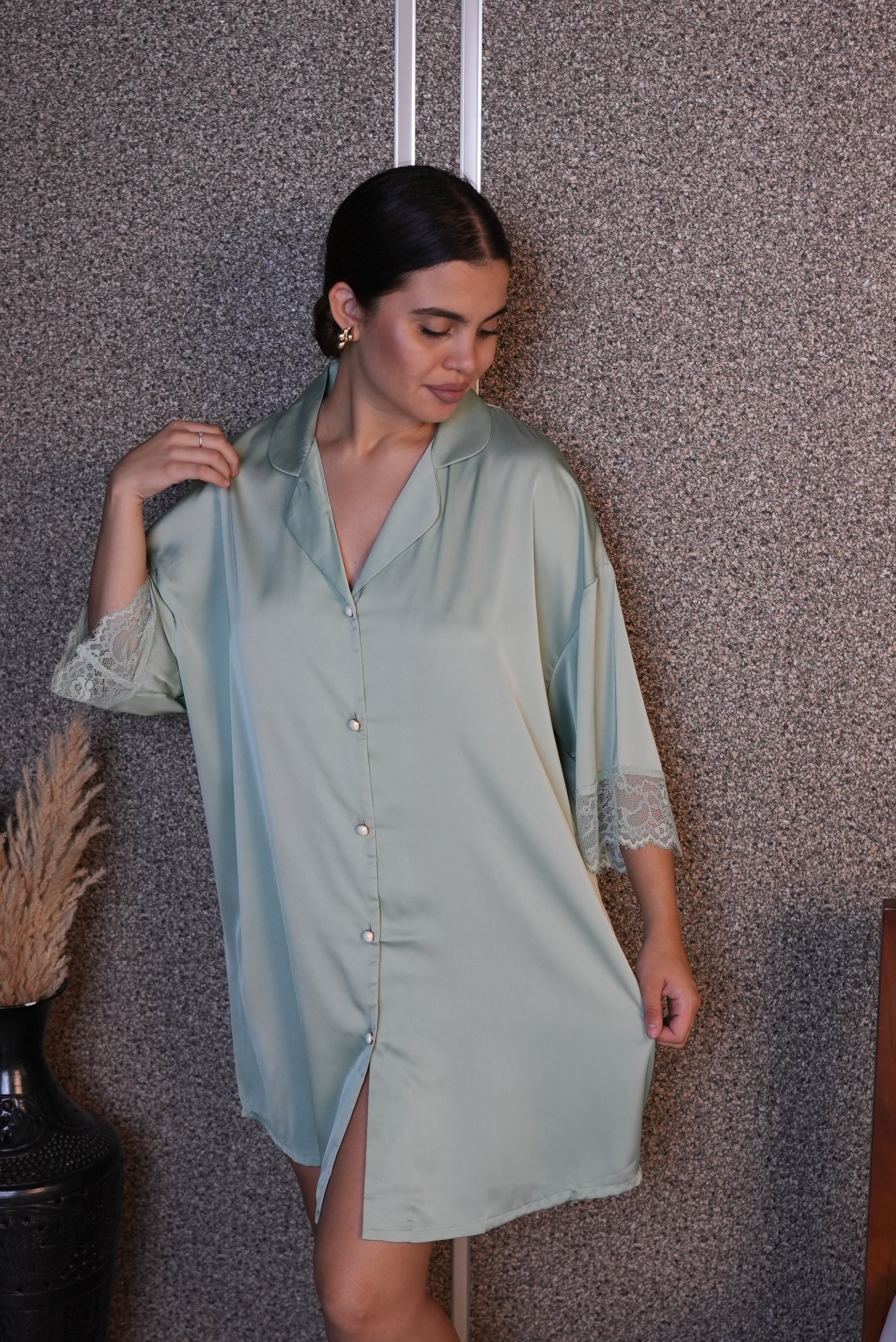 AXTZH Relaxed Fit Nightwear for Women with Shirt Collar and Soft Satin Finish X2654-SEAFOAM-G1S