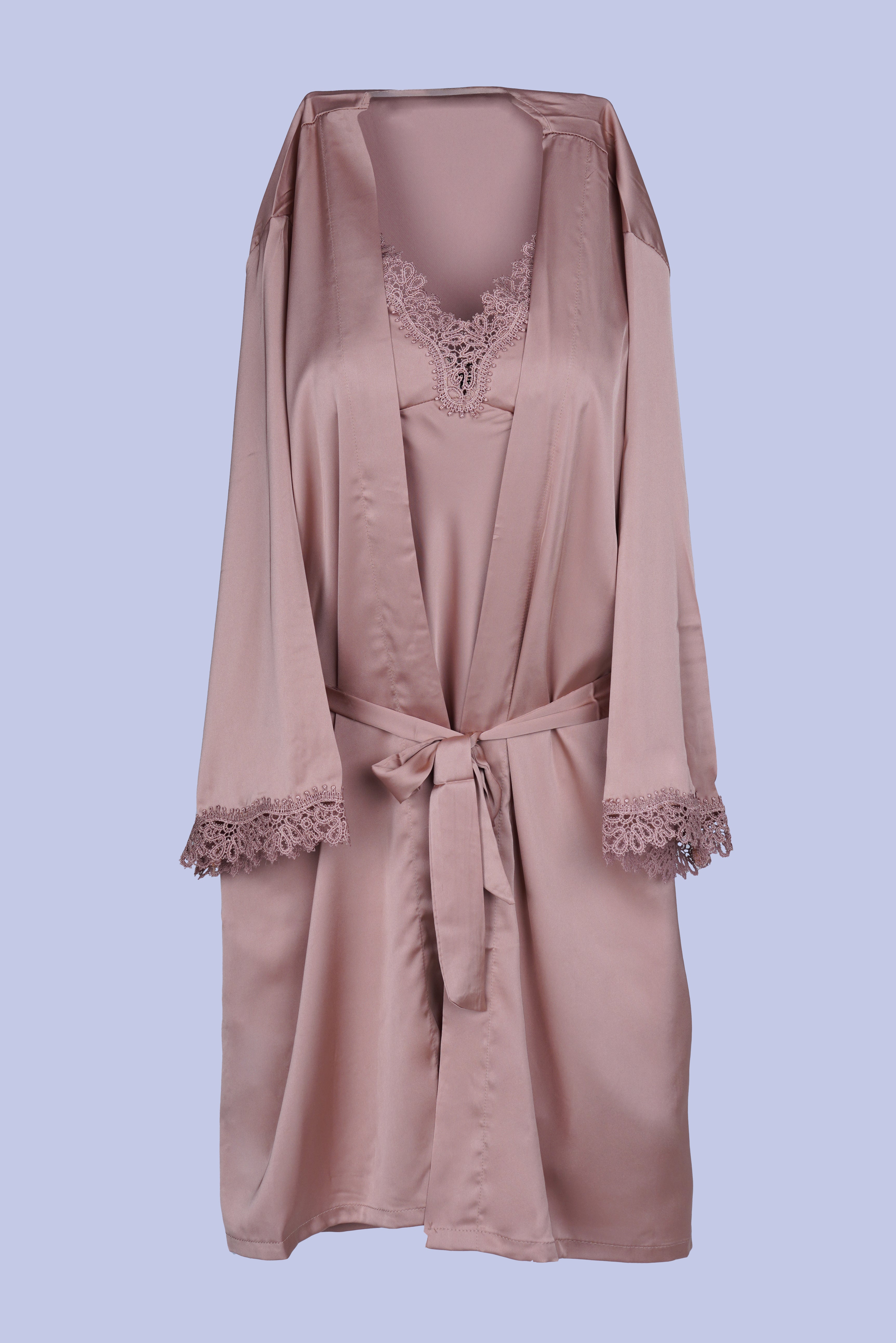 AXTZH Women’s Two-Piece Nightwear Set with Satin Slip Dress and Matching Robe X8087-TAN-F11S