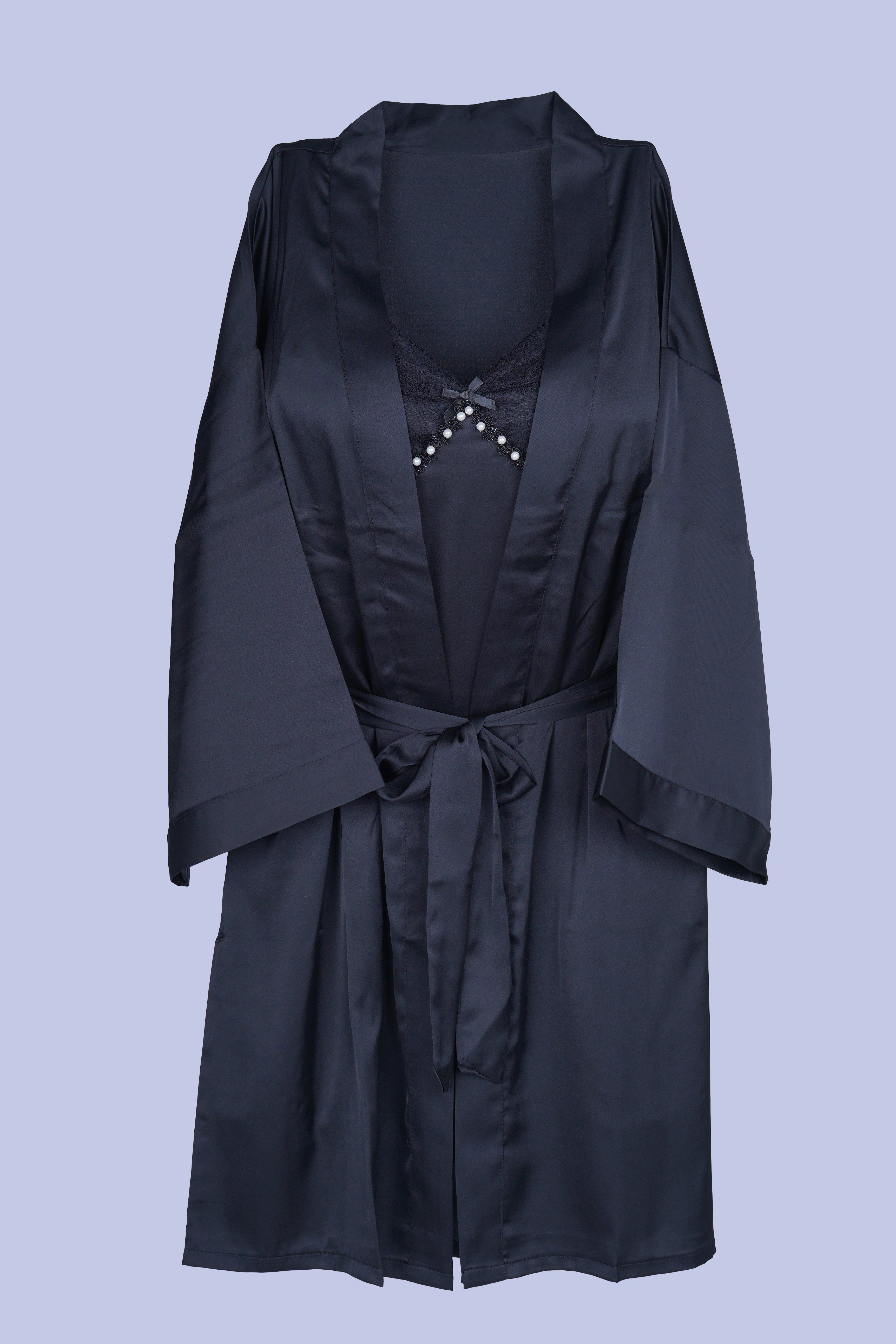 AXTZH Women’s Luxury Nightwear Set with Adjustable Robe and Soft Satin Inner Dress X0931-BLACK-F11S