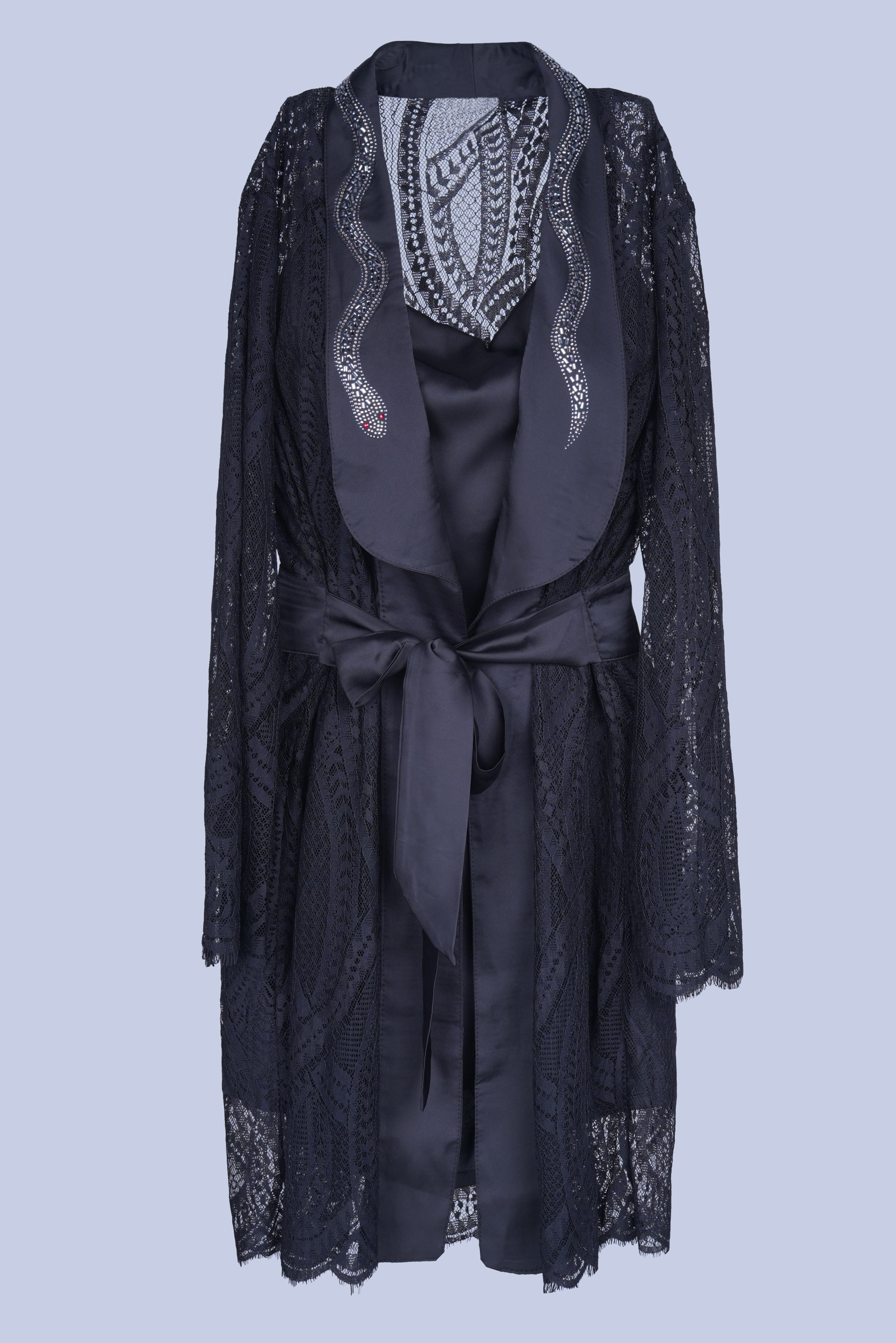 AXTZH Stylish Nightwear Set for Women with Delicate Inner Dress and Matching Lace Cover-Up X0115-BLACK-F11S