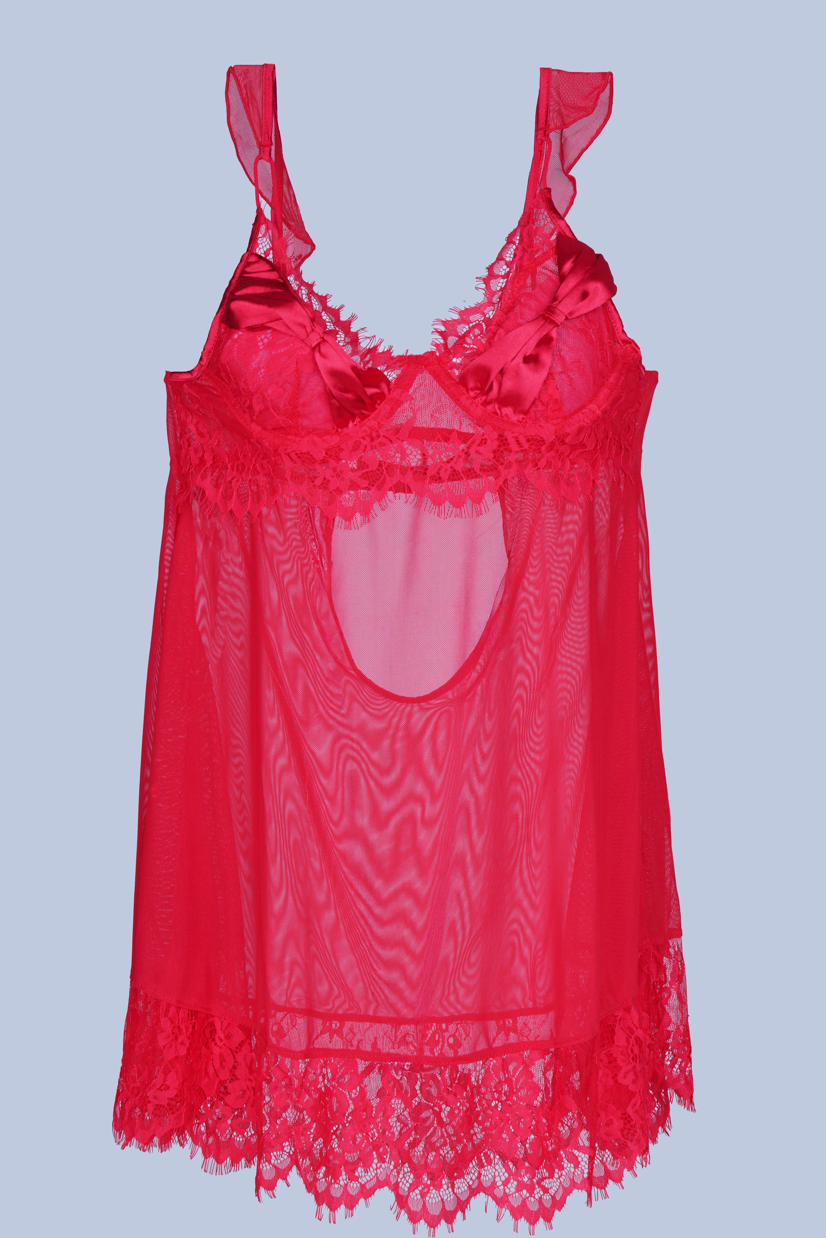AXTZH Stylish Two-Piece Nightwear Set with Dramatic Sleeves and Tie-Up Belt X8809-RED-SF11N