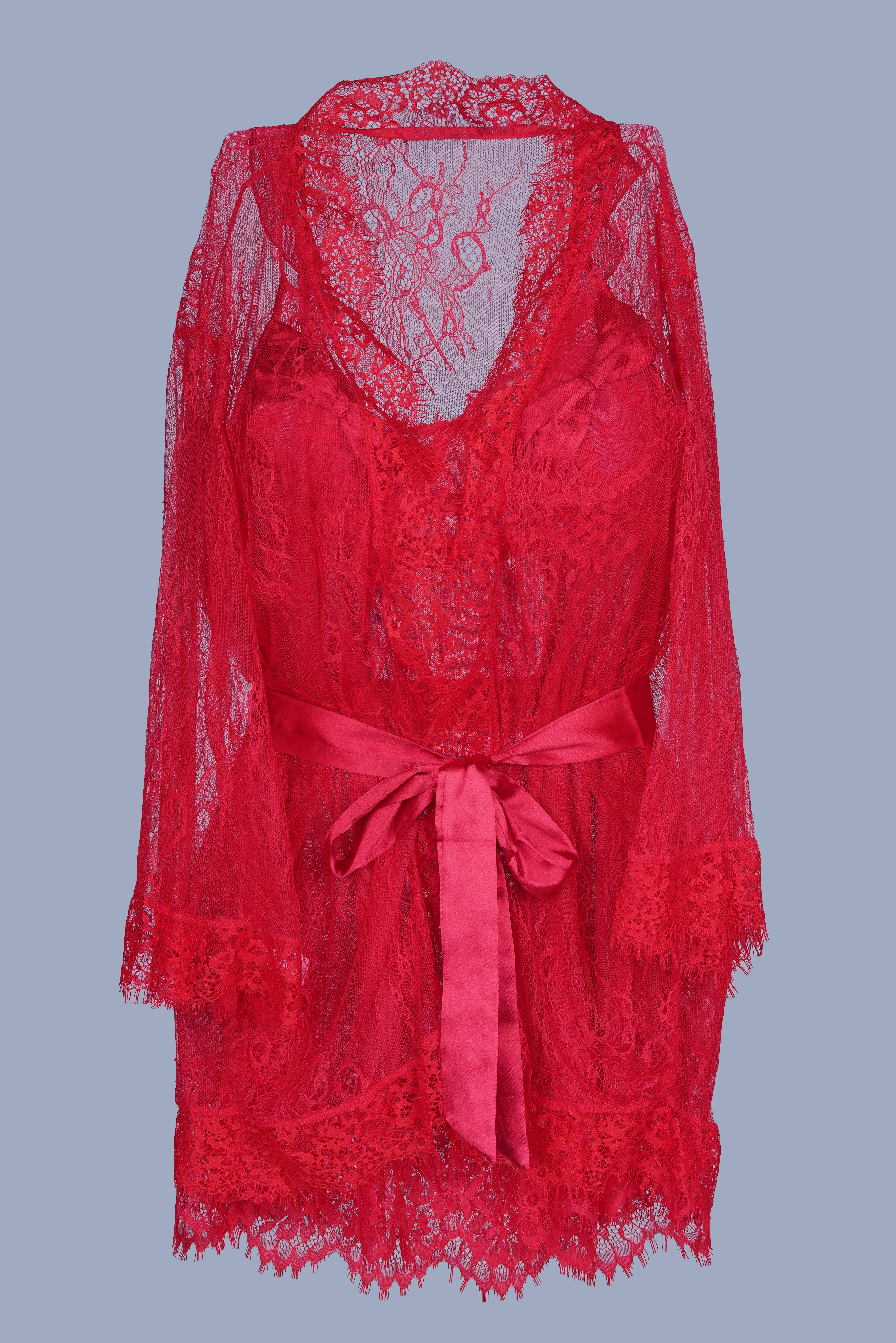 AXTZH Stylish Two-Piece Nightwear Set with Dramatic Sleeves and Tie-Up Belt X8809-RED-SF11N