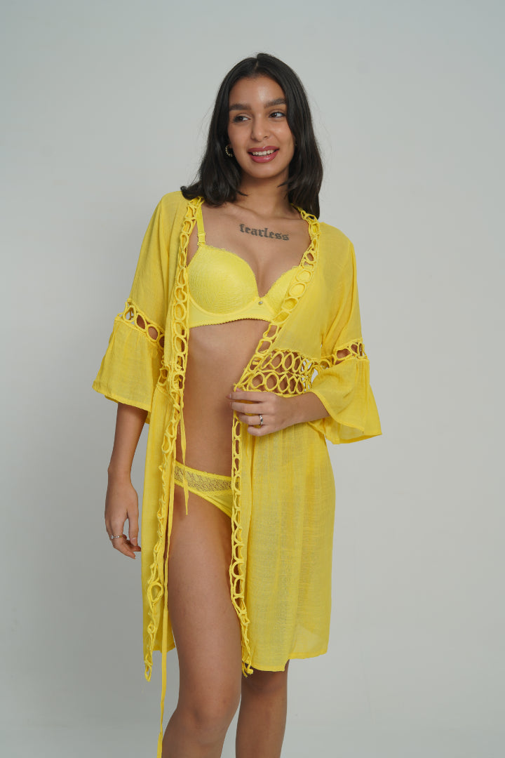 AXTZH Cutwork Tie-Up Beach Cover-Up SARONG X0630-CORNSILK-SNGA2