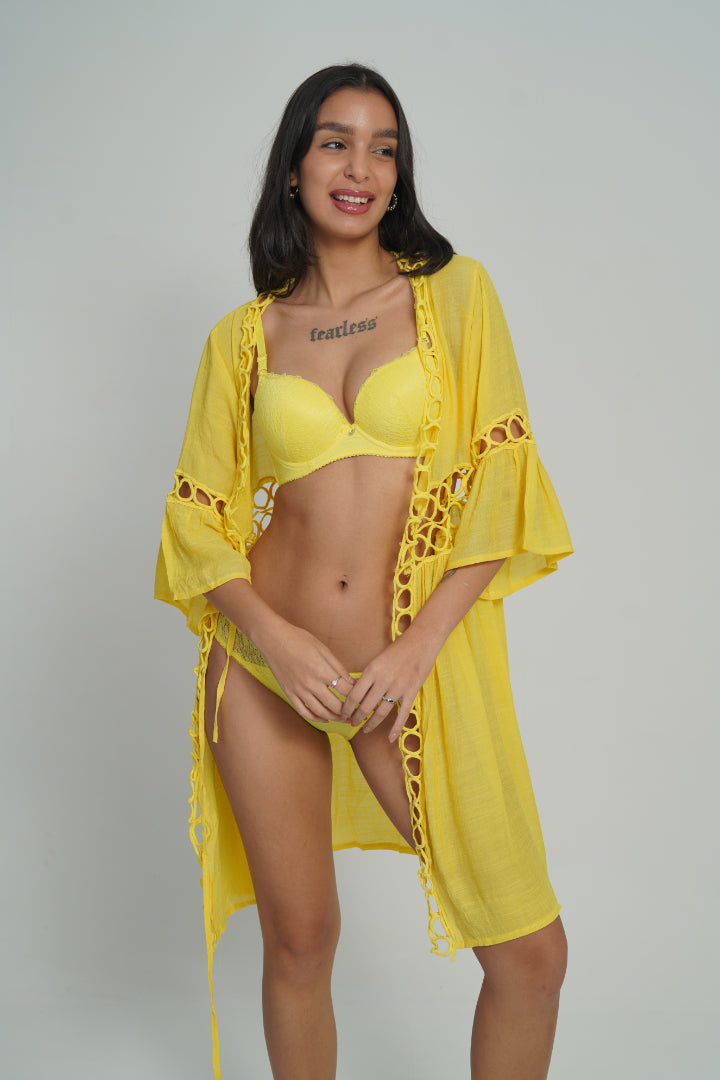 AXTZH Cutwork Tie-Up Beach Cover-Up SARONG X0630-CORNSILK-SNGA2