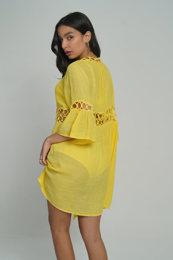 AXTZH Cutwork Tie-Up Beach Cover-Up SARONG X0630-CORNSILK-SNGA2