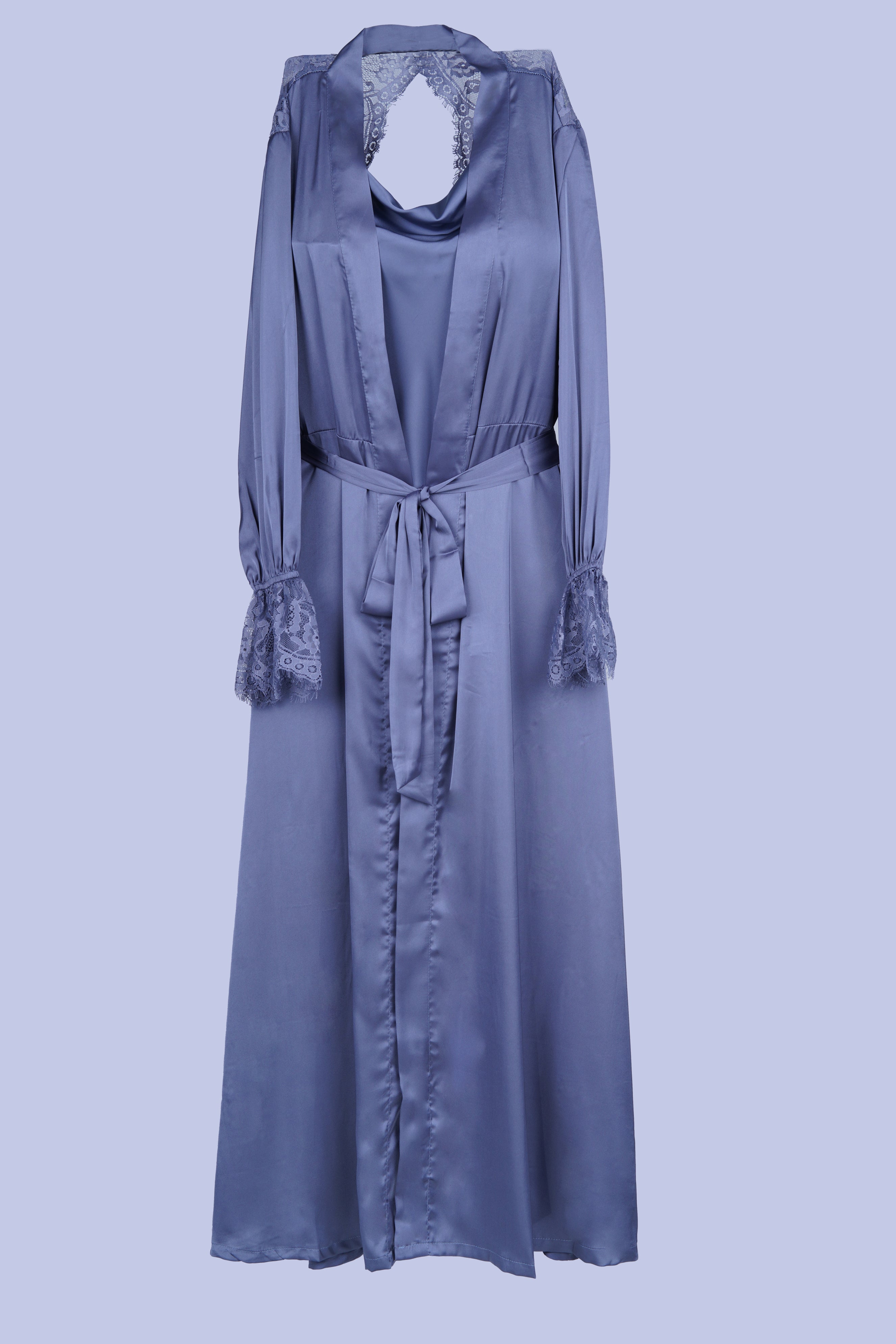 AXTZH Women’s Two-Piece Nightwear Set with Elegant Satin Slip and Sheer Lace Robe X9701-SLATE-F22S