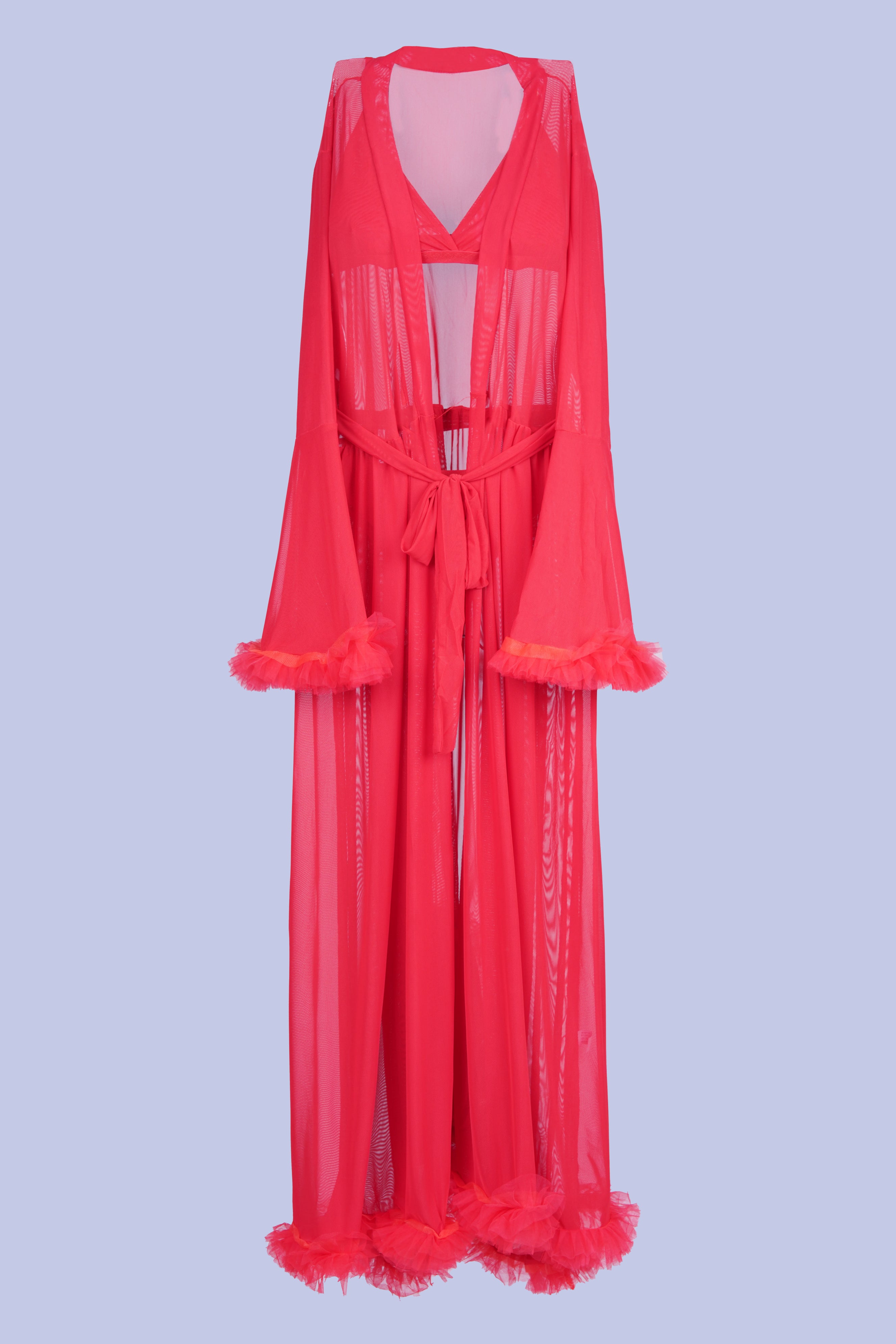 AXTZH Elegant Three-Piece Nightwear Set with Flowing Sheer Robe, Matching Belt, and Intimate Inner Layer X0330-RED-BIK3PN